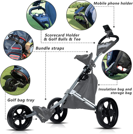 Golf Push Cart, Golf Pull Cart for Golf Clubs and Golf Bag, Golf Push Carts Three Wheel Easy to Folding Scorecard Holder with Mobile Phone Holder Storage Bag Golf Carts