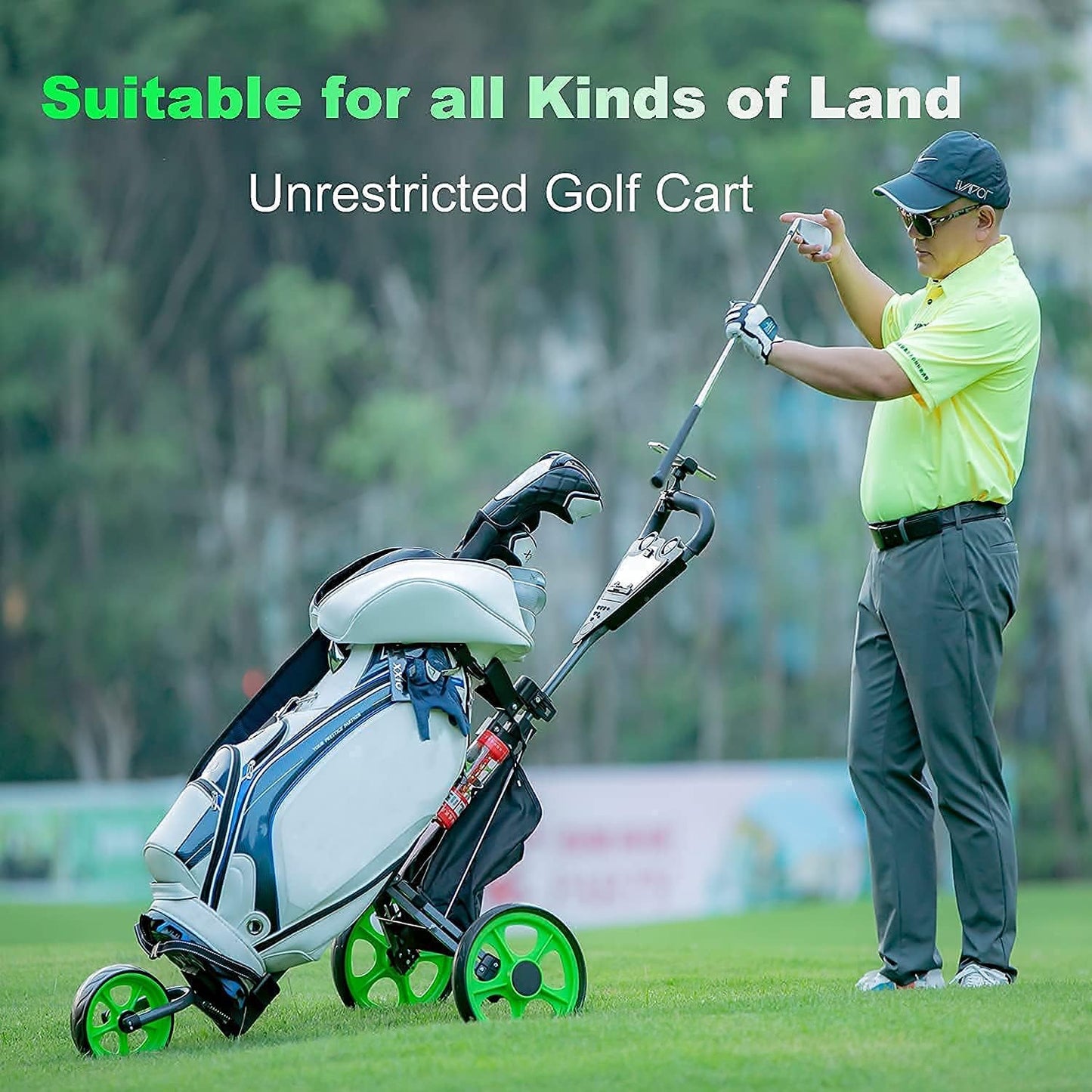 Golf Push Cart, Golf Pull Cart for Golf Clubs and Golf Bag, Golf Push Carts Three Wheel Easy to Folding Scorecard Holder with Mobile Phone Holder Storage Bag Golf Carts