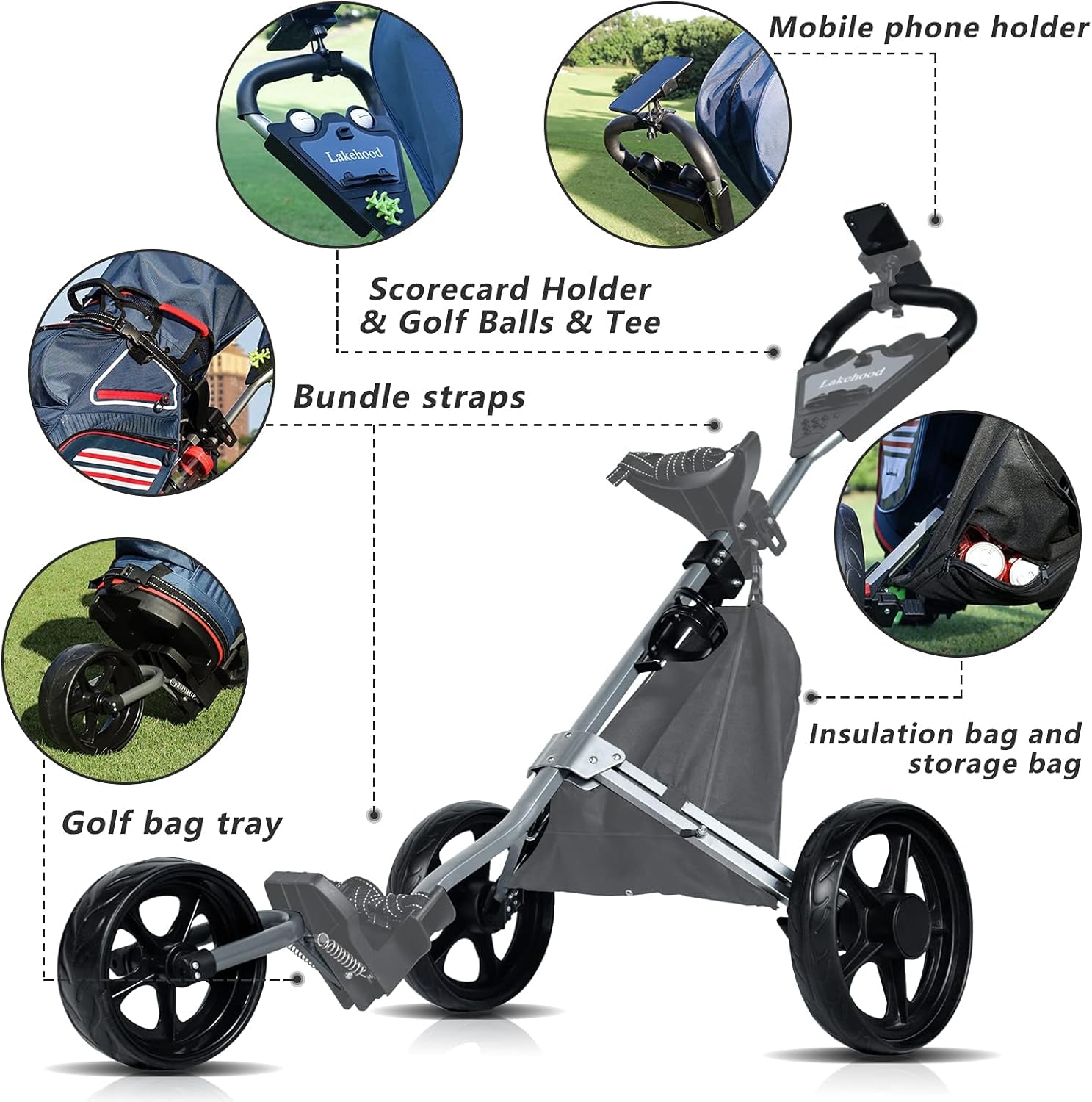 Golf Push Cart, Golf Pull Cart for Golf Clubs and Golf Bag, Golf Push Carts Three Wheel Easy to Folding Scorecard Holder with Mobile Phone Holder Storage Bag Golf Carts
