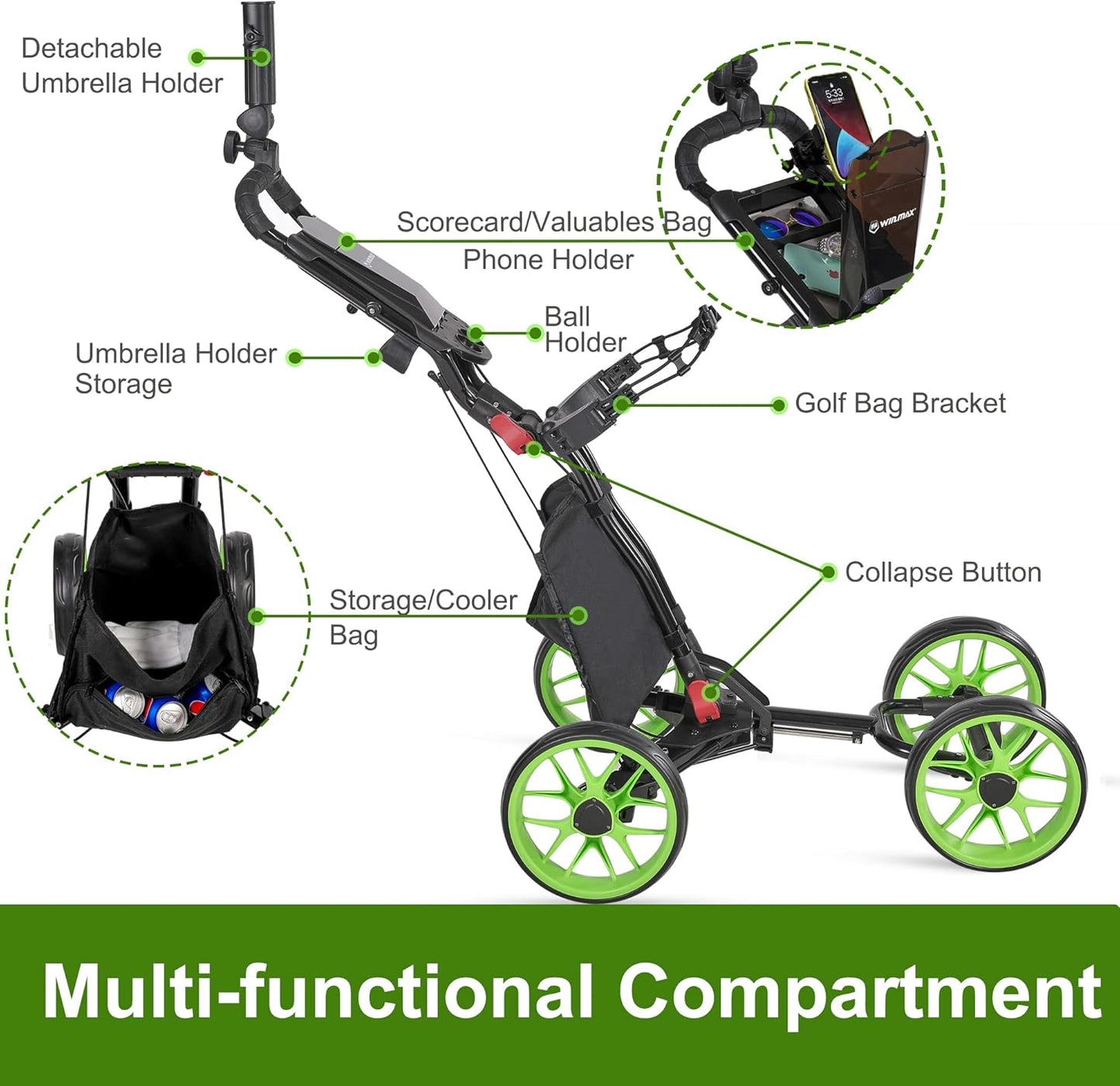 Golf Push Cart 4 Wheels Folding Green Golf Pull Cart with Umbrella Holder, Phone Holder, Scoreboard Holder, Golf Cart for Golf Bag, Golf Accessories for Men Women/Kids