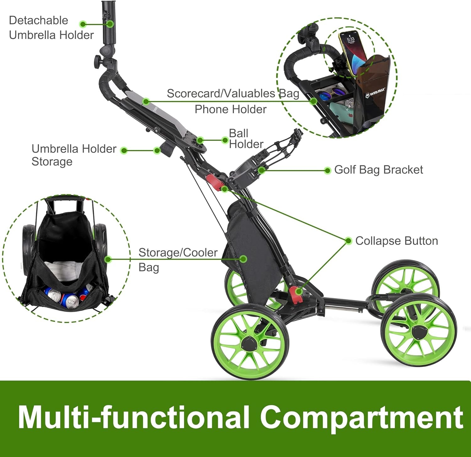 Golf Push Cart 4 Wheels Folding Green Golf Pull Cart with Umbrella Holder, Phone Holder, Scoreboard Holder, Golf Cart for Golf Bag, Golf Accessories for Men Women/Kids