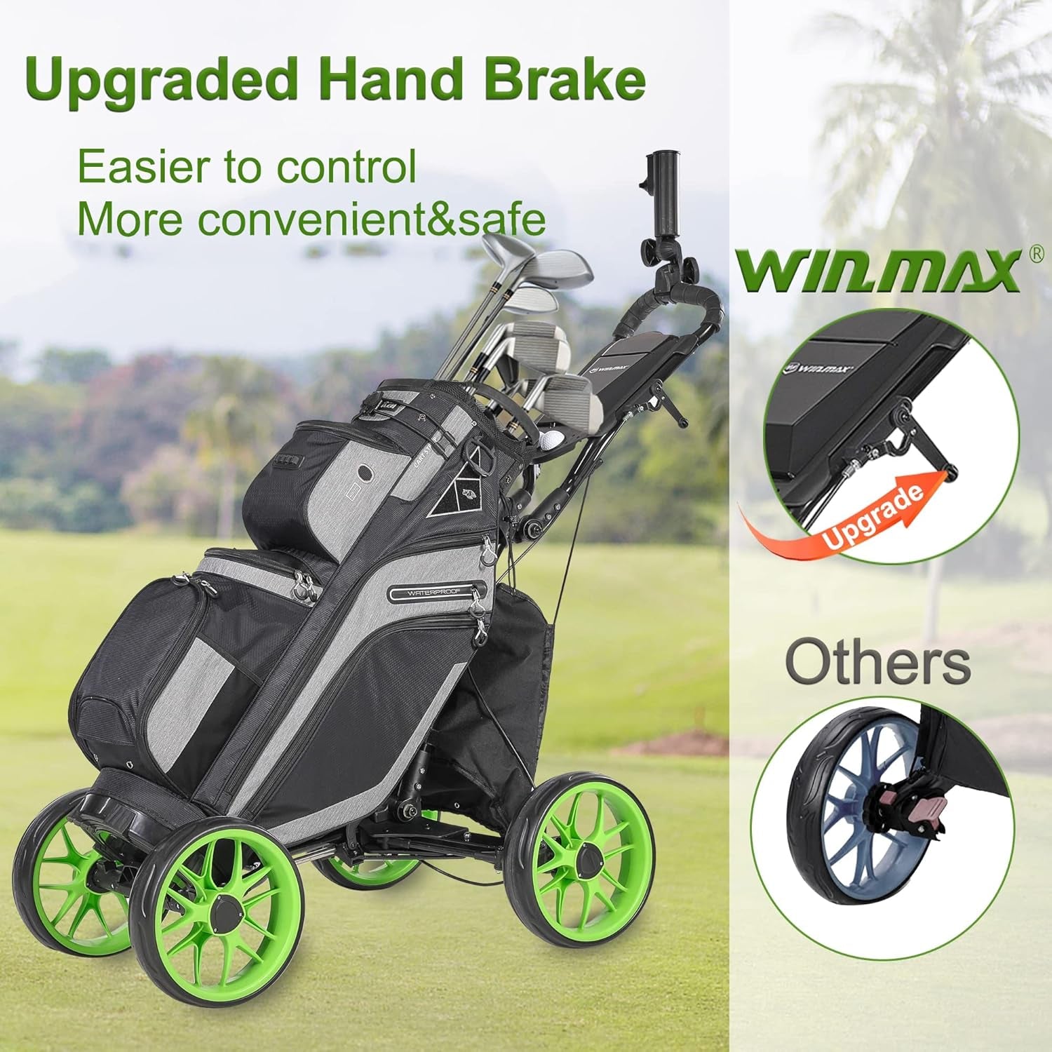 Golf Push Cart 4 Wheels Folding Green Golf Pull Cart with Umbrella Holder, Phone Holder, Scoreboard Holder, Golf Cart for Golf Bag, Golf Accessories for Men Women/Kids
