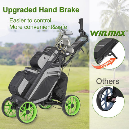 Golf Push Cart 4 Wheels Folding Green Golf Pull Cart with Umbrella Holder, Phone Holder, Scoreboard Holder, Golf Cart for Golf Bag, Golf Accessories for Men Women/Kids