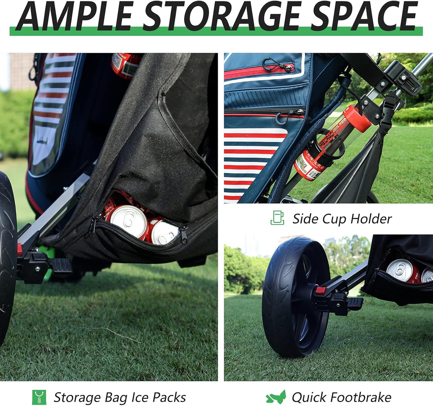 Golf Push Cart, Golf Pull Cart for Golf Clubs and Golf Bag, Golf Push Carts Three Wheel Easy to Folding Scorecard Holder with Mobile Phone Holder Storage Bag Golf Carts