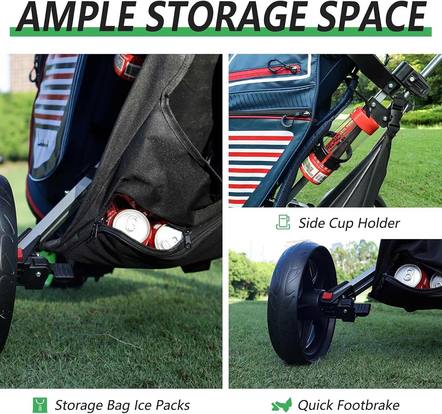 Golf Push Cart, Golf Pull Cart for Golf Clubs and Golf Bag, Golf Push Carts Three Wheel Easy to Folding Scorecard Holder with Mobile Phone Holder Storage Bag Golf Carts