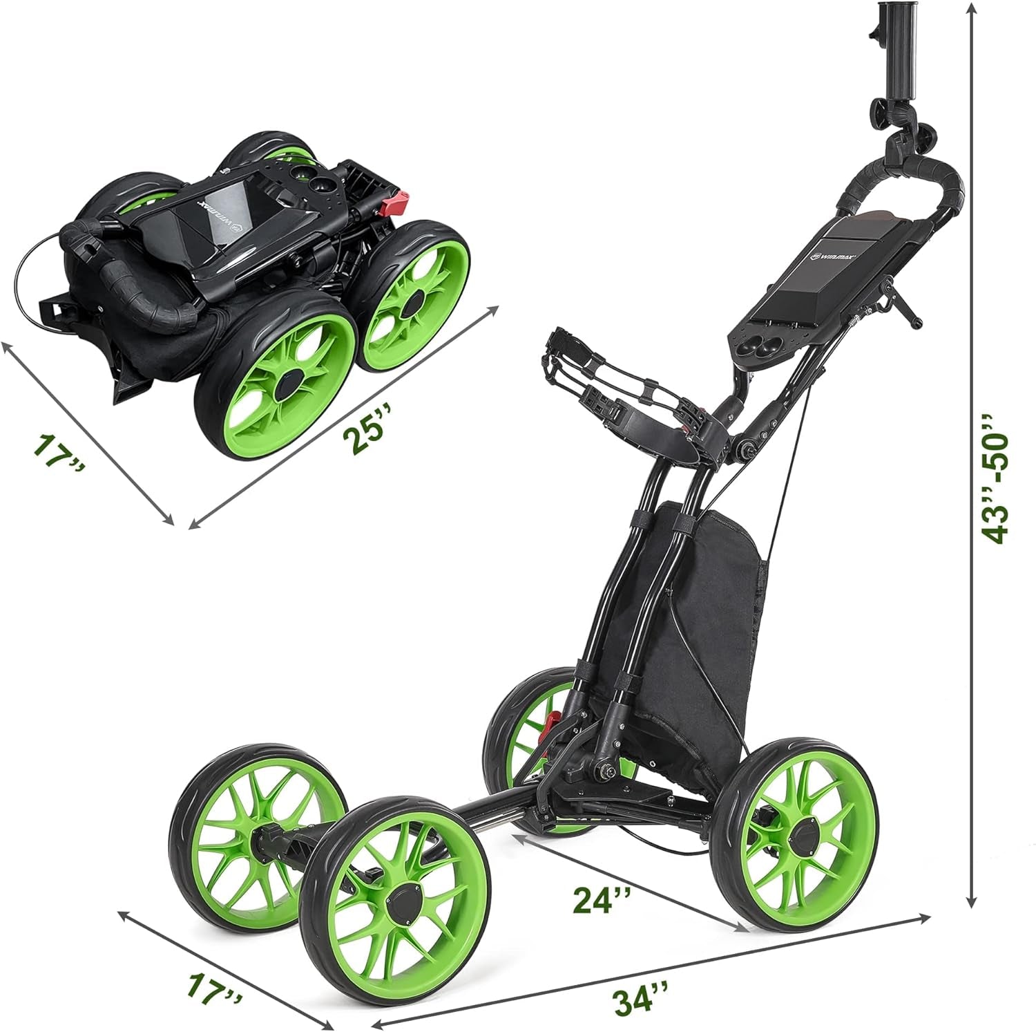 Golf Push Cart 4 Wheels Folding Green Golf Pull Cart with Umbrella Holder, Phone Holder, Scoreboard Holder, Golf Cart for Golf Bag, Golf Accessories for Men Women/Kids