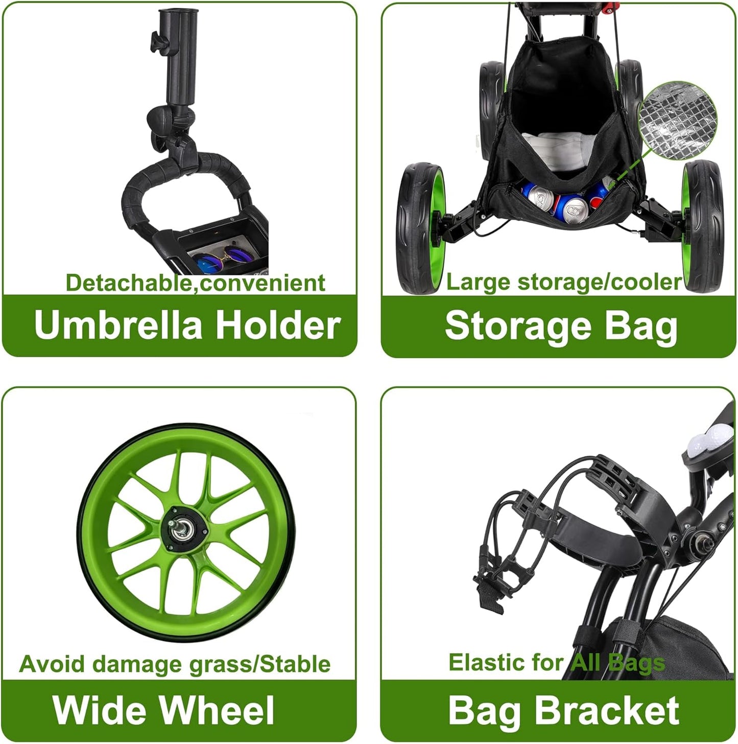 Golf Push Cart 4 Wheels Folding Green Golf Pull Cart with Umbrella Holder, Phone Holder, Scoreboard Holder, Golf Cart for Golf Bag, Golf Accessories for Men Women/Kids