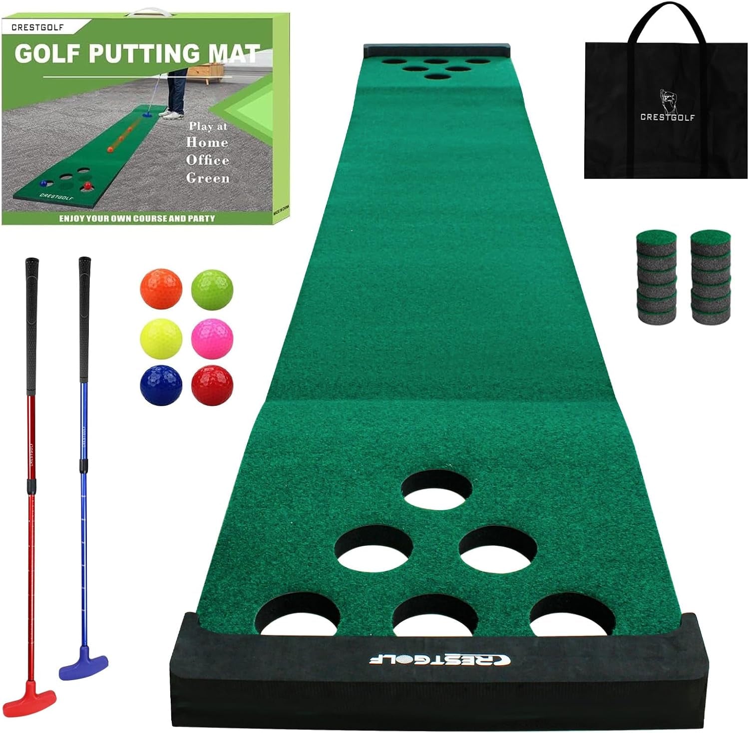 Mat Game Set Green Mat, Putting with 2 Adjustable Putters, 6 Golf Balls,12 Golf Hole Covers for Indoor&Outdoor Short Game Office Party Backyard Use