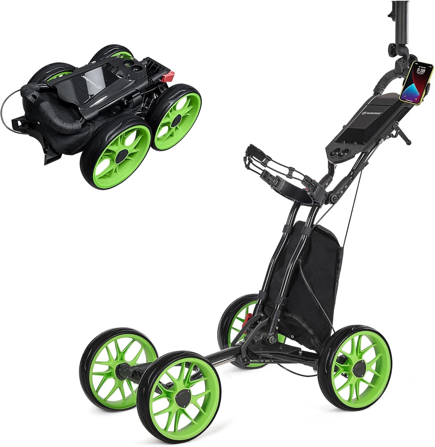 Golf Push Cart 4 Wheels Folding Green Golf Pull Cart with Umbrella Holder, Phone Holder, Scoreboard Holder, Golf Cart for Golf Bag, Golf Accessories for Men Women/Kids