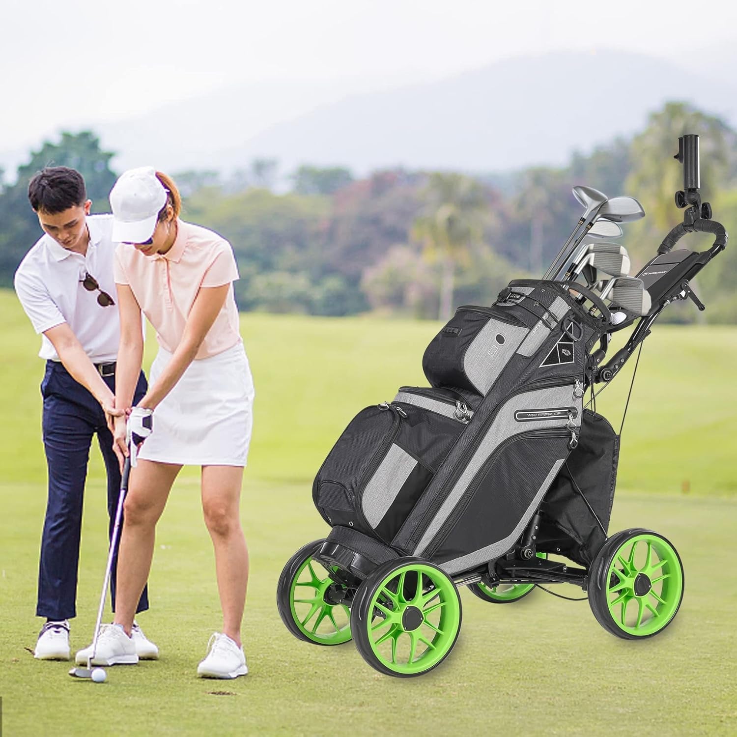 Golf Push Cart 4 Wheels Folding Green Golf Pull Cart with Umbrella Holder, Phone Holder, Scoreboard Holder, Golf Cart for Golf Bag, Golf Accessories for Men Women/Kids