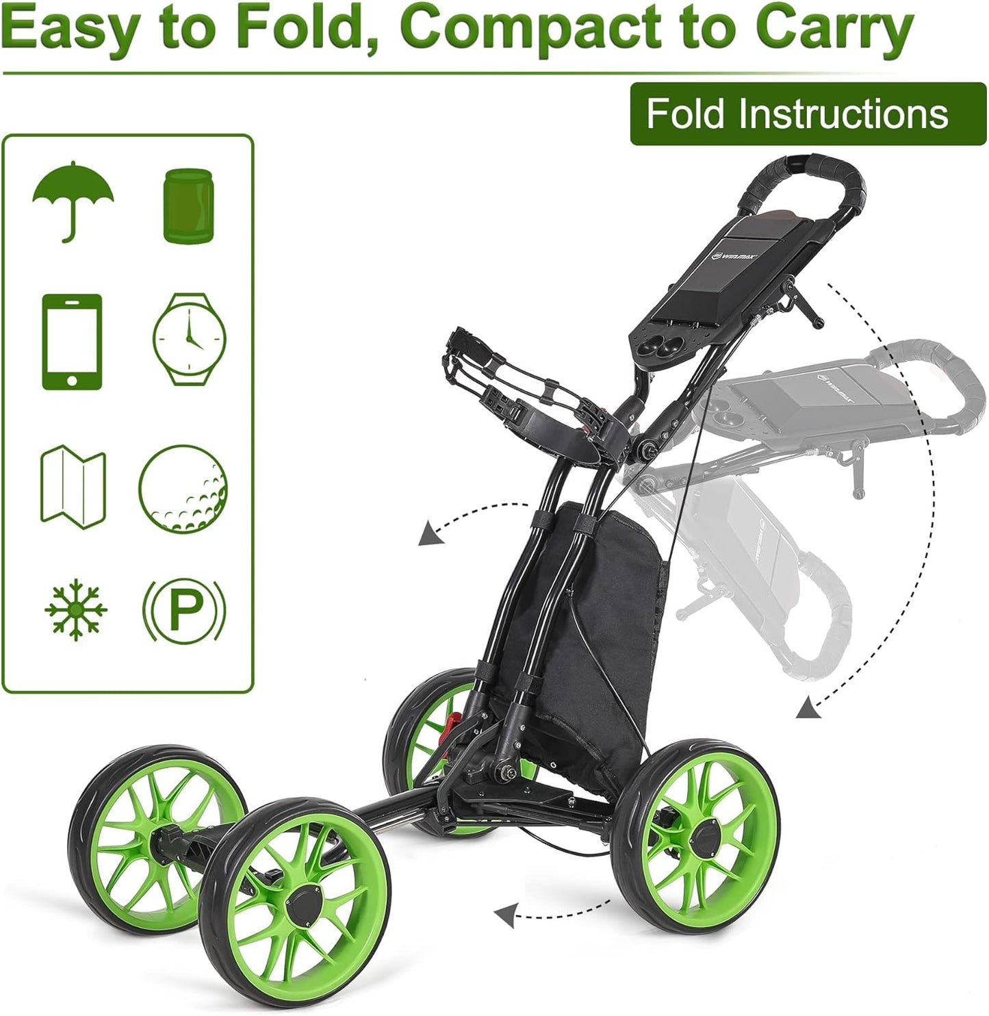 Golf Push Cart 4 Wheels Folding Green Golf Pull Cart with Umbrella Holder, Phone Holder, Scoreboard Holder, Golf Cart for Golf Bag, Golf Accessories for Men Women/Kids