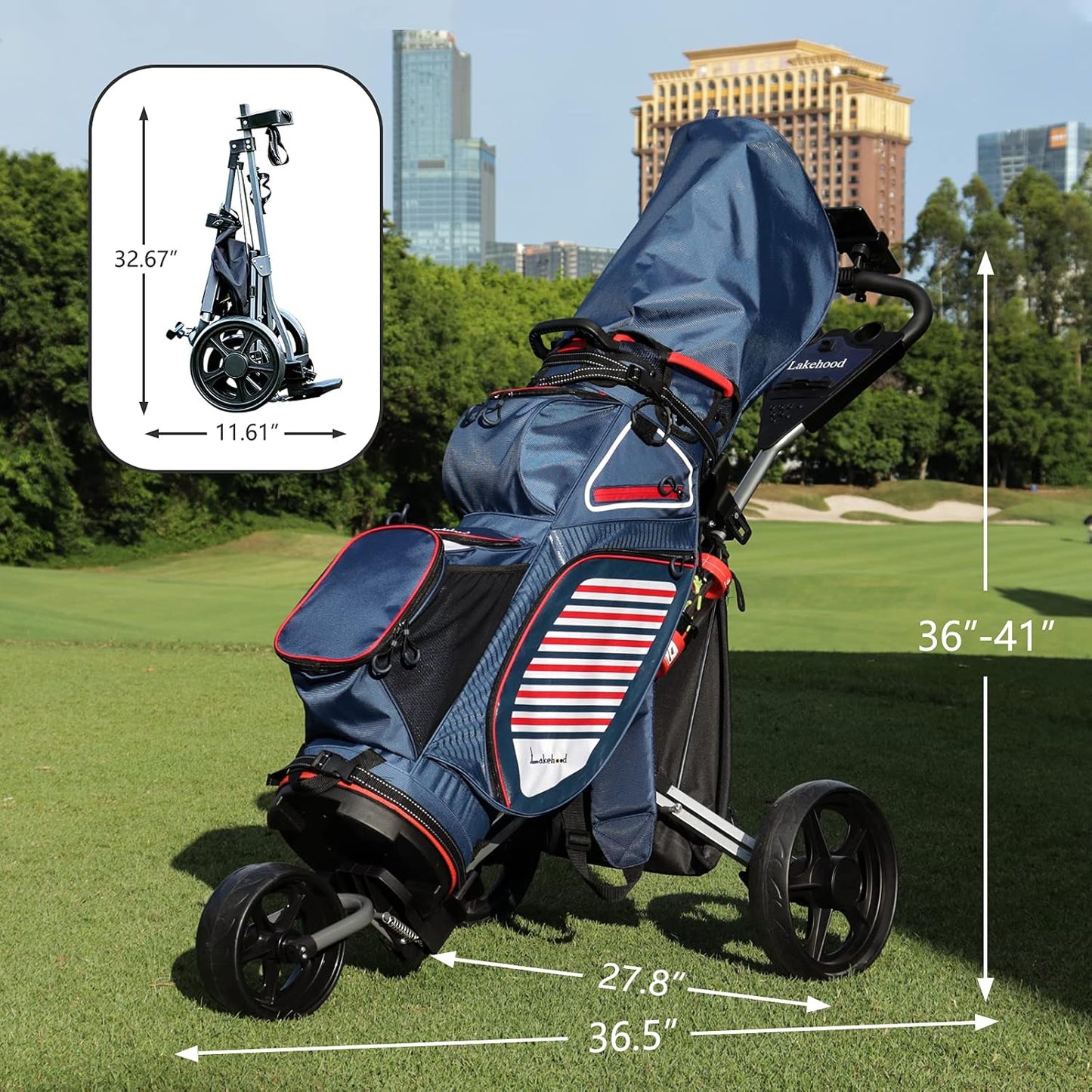 Golf Push Cart, Golf Pull Cart for Golf Clubs and Golf Bag, Golf Push Carts Three Wheel Easy to Folding Scorecard Holder with Mobile Phone Holder Storage Bag Golf Carts
