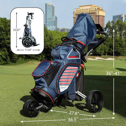 Golf Push Cart, Golf Pull Cart for Golf Clubs and Golf Bag, Golf Push Carts Three Wheel Easy to Folding Scorecard Holder with Mobile Phone Holder Storage Bag Golf Carts