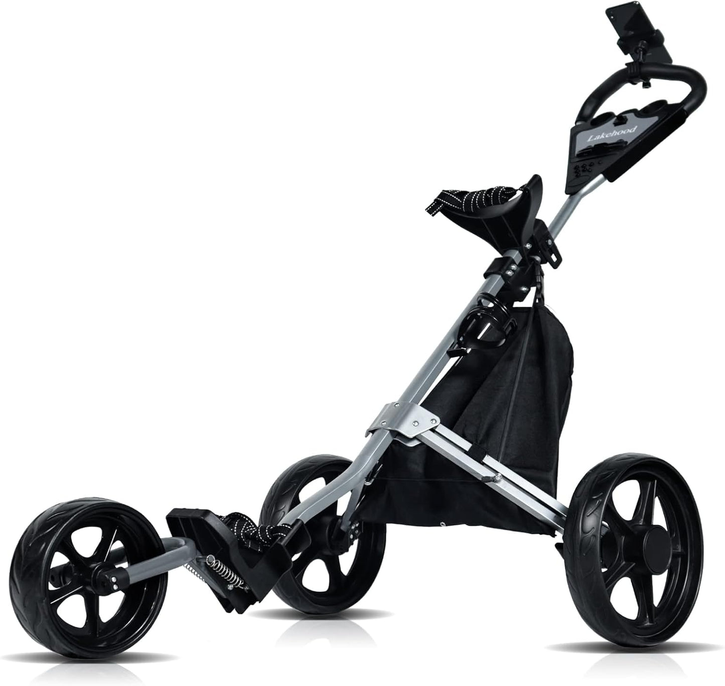 Golf Push Cart, Golf Pull Cart for Golf Clubs and Golf Bag, Golf Push Carts Three Wheel Easy to Folding Scorecard Holder with Mobile Phone Holder Storage Bag Golf Carts