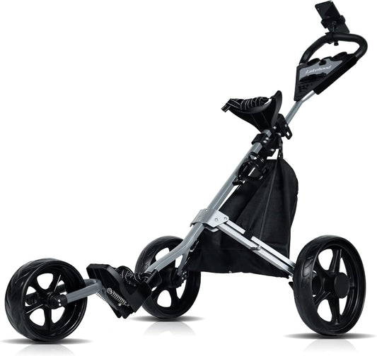 Golf Push Cart, Golf Pull Cart for Golf Clubs and Golf Bag, Golf Push Carts Three Wheel Easy to Folding Scorecard Holder with Mobile Phone Holder Storage Bag Golf Carts